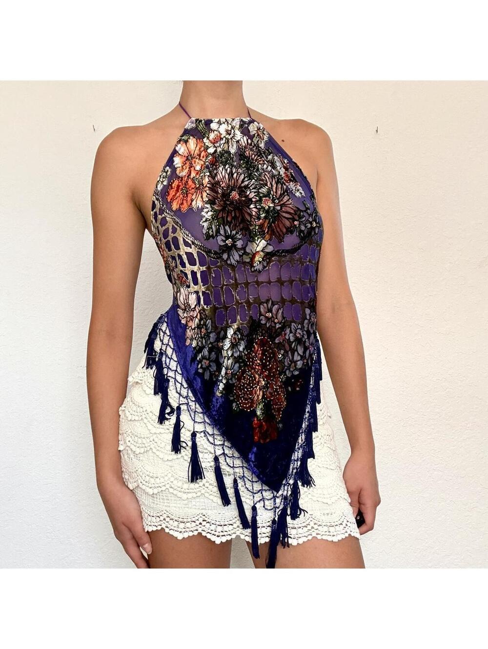 Insane purple floral beaded silk backless halter top